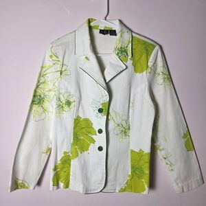 Dina K White Green Floral Blazer Jacket Size 12 Spring Summer Lightweight Button